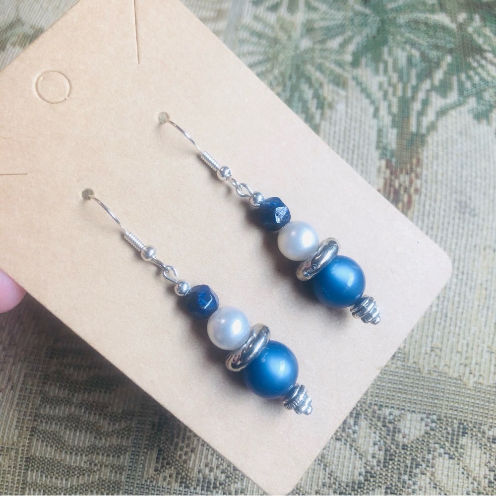 Handcrafted glass beads genuine stone sodalite dangle earrings - Picture 3 of 5
